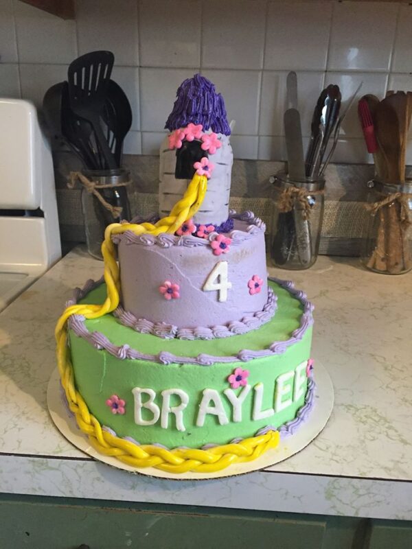 A cake with a tangled theme.