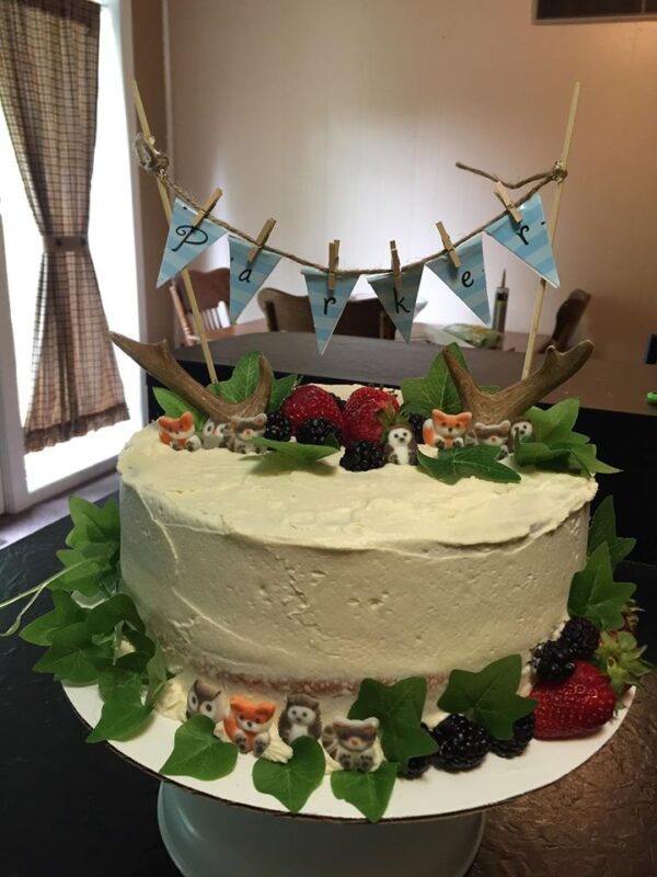 A cake with berries and birds on it.