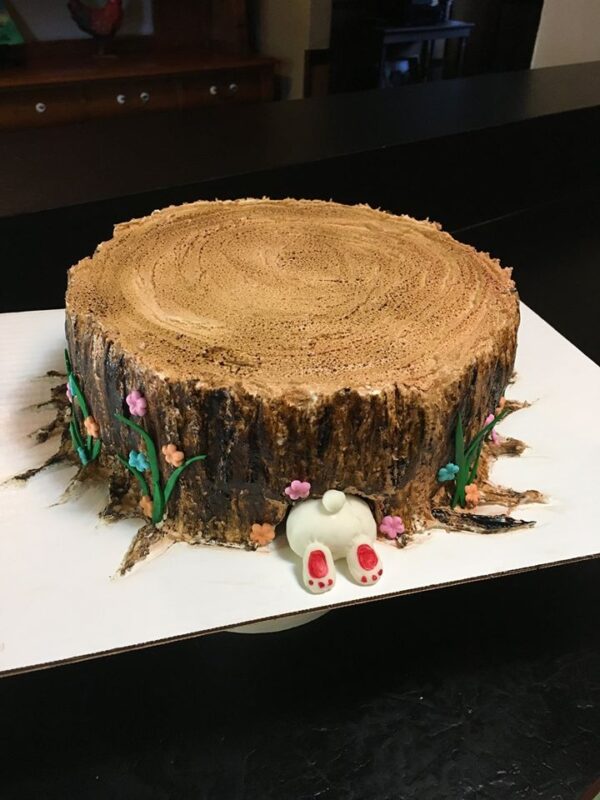 A cake decorated like a tree stump.