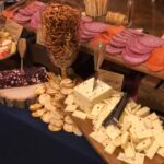 An assortment of cheeses and meats on a table.