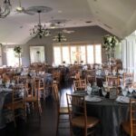 A room with tables and chairs set up for a wedding reception.