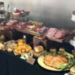 A buffet table with a variety of foods on it.