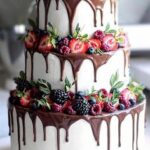 A three Tiered Cakes with chocolate drips and berries.