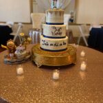 A three tier cake sits on top of a table.