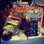 A buffet table with a lot of food on it.