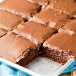 A pan of brownies with chocolate frosting and pecans.