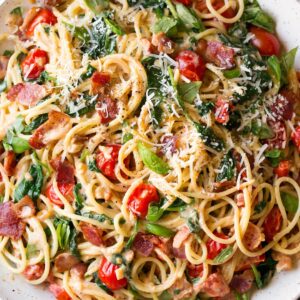 Chicken and Bacon Pasta with Spinach and Tomatoes