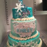 A blue and white cake with snowflakes on it.