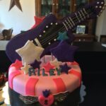 A cake decorated with a guitar and stars.