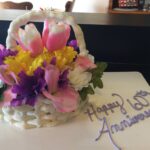 A cake with flowers in a basket.