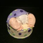 A cake with a baby's feet in it.