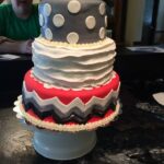 A three tier cake with a polka dot pattern.