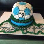 A cake with a soccer ball on top.