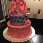 A pink and purple cake with a pair of shoes on top.