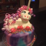 A unicorn cake is sitting on top of a table.