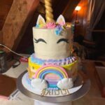 A cake with a unicorn on top of it.